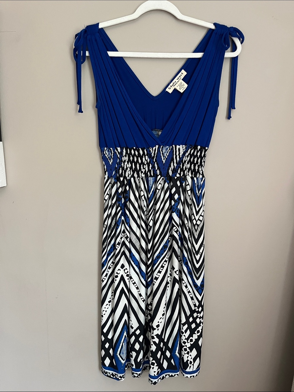 Studio West Royal Blue Geometric Smocked Empire Waist Sleeveless Dress medium